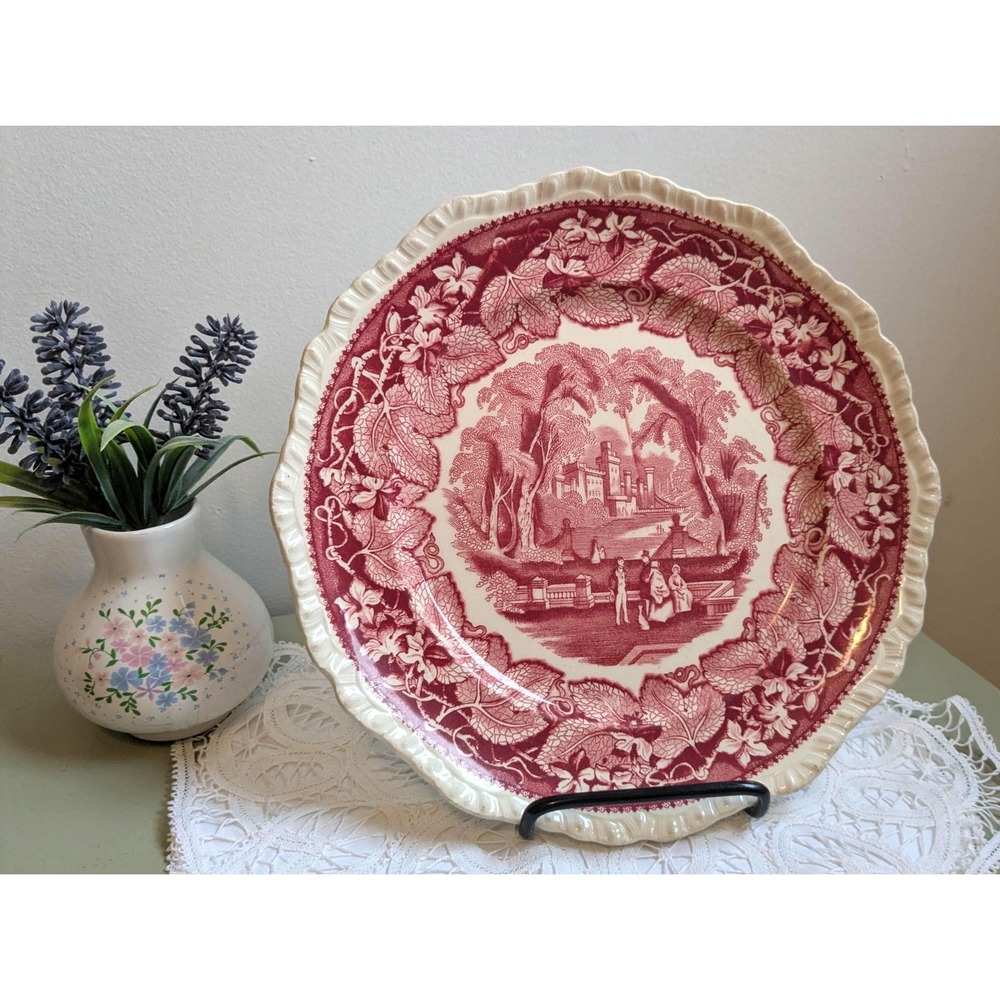 Vintage Masons Vista Red Transferware Plate, Ironstone England, Scalloped Plate